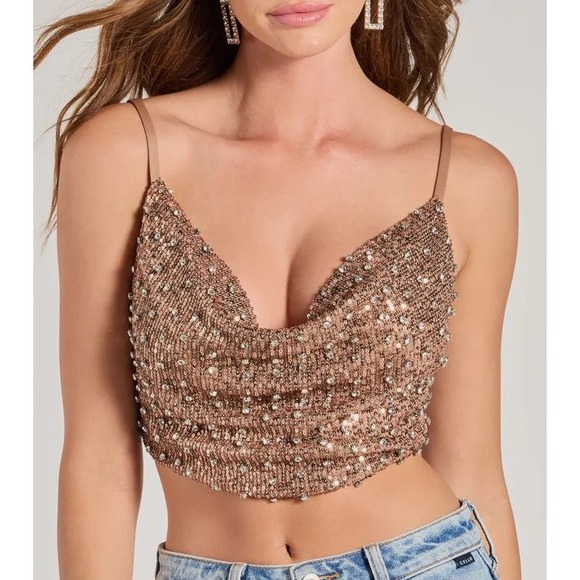 Mable Tops - Mable Rose Gold Sequin Cowl Neck Crop Top Shimmer Party Festival Tank M (85)